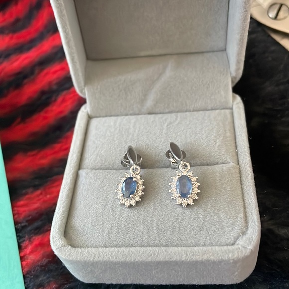 Jewelry - Stunning 925 Sterling Silver Blue Sapphire Kanchanaburi CZ Earrings